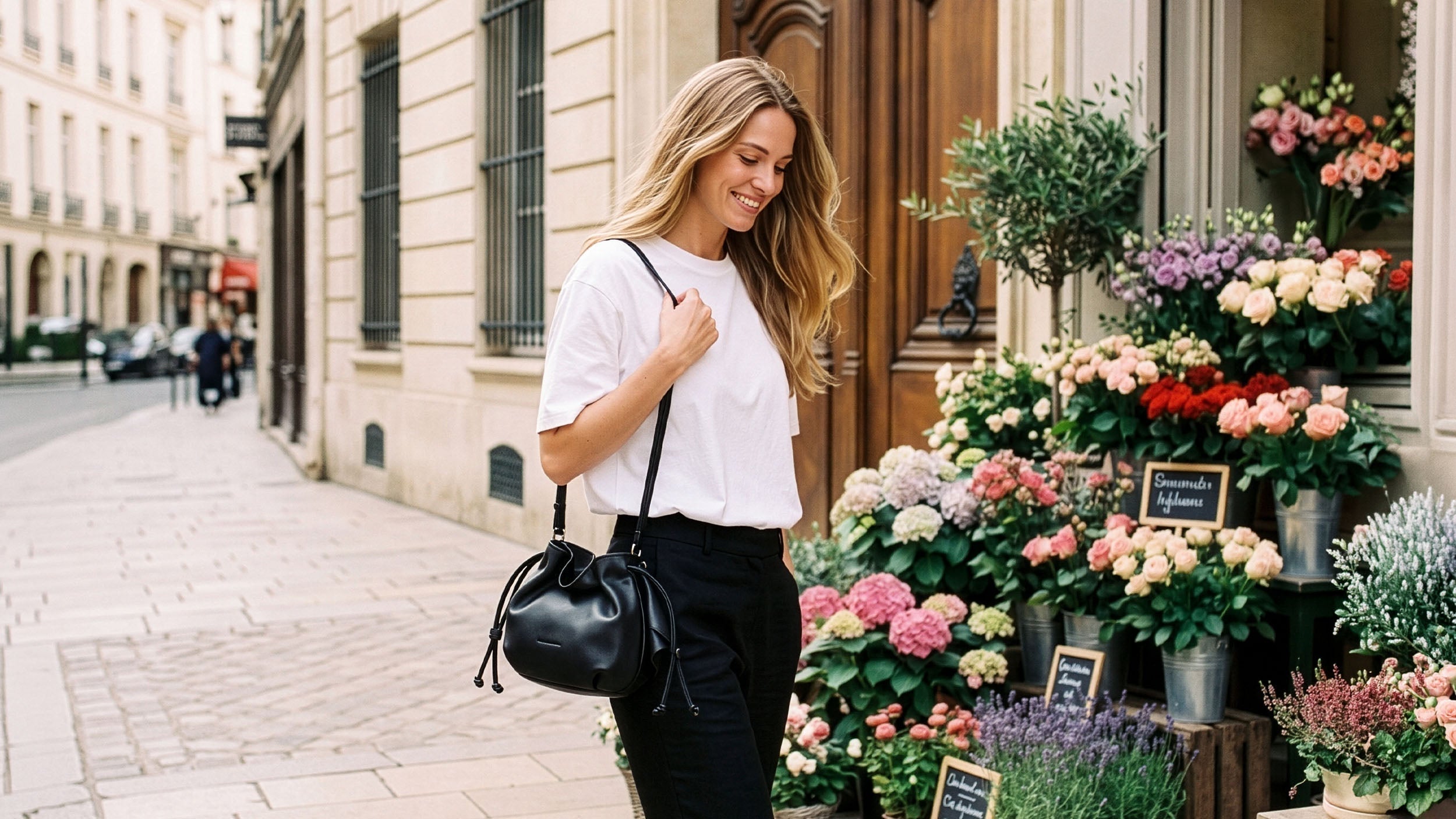 Model Image with bucket bag in city