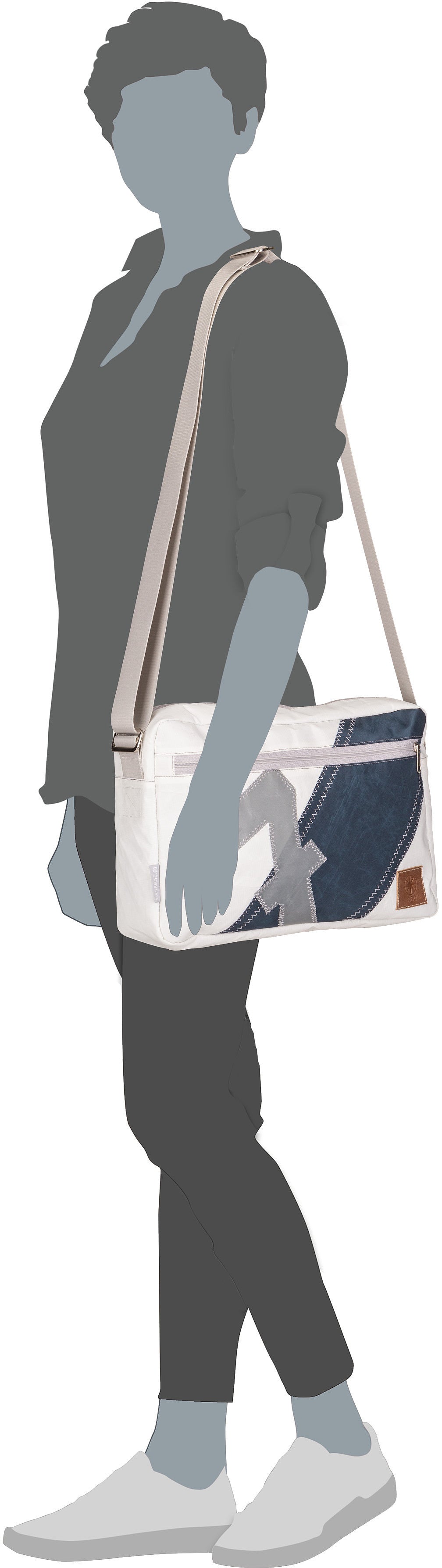 360Grad Fender L Weiß/Streifen Blau/Zahl Grau Crossbody Bag – Silhouettenansicht