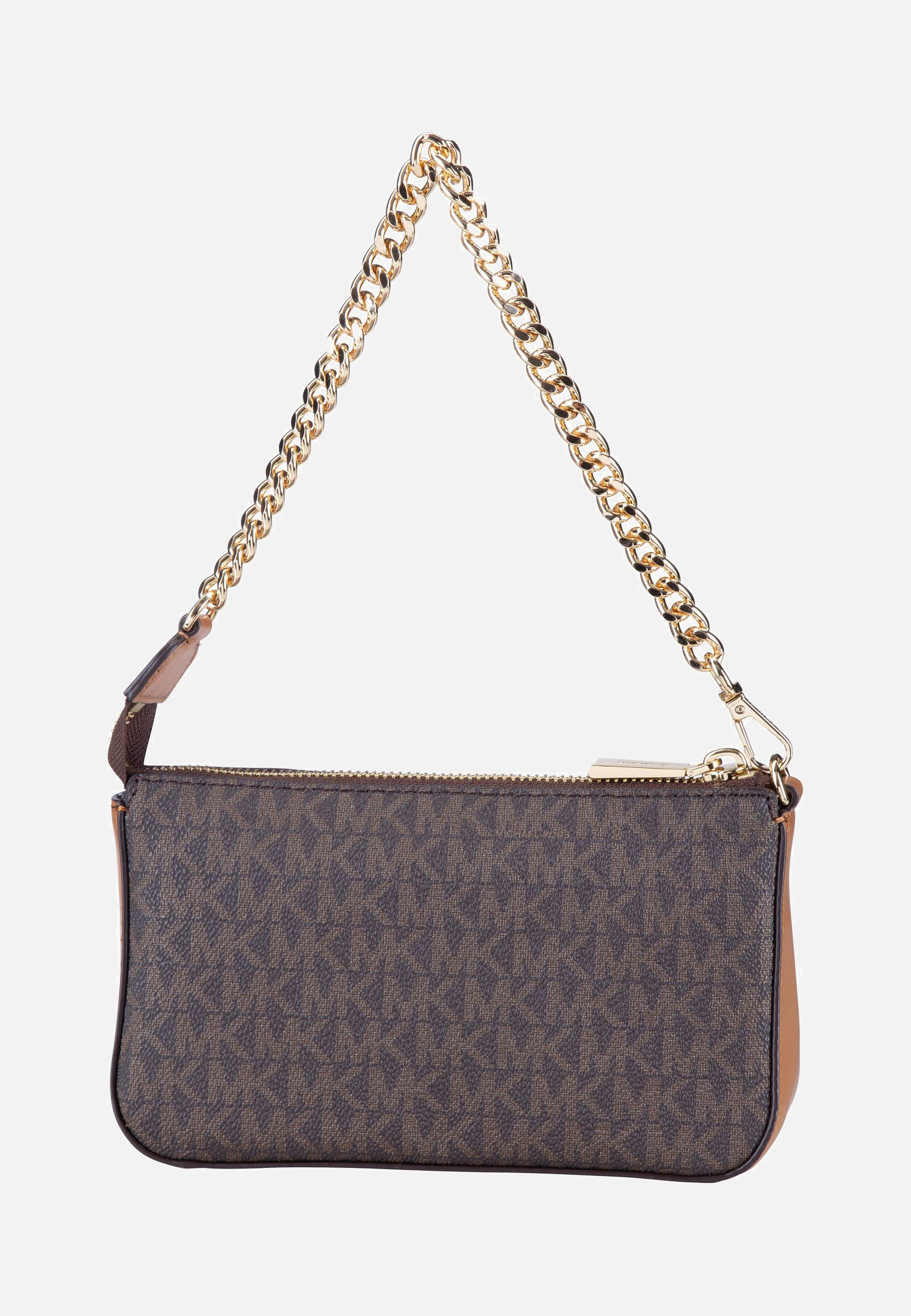 Michael Kors Jet Set Medium Chain Pouchette Lux MK Signature Brown Evening Bag