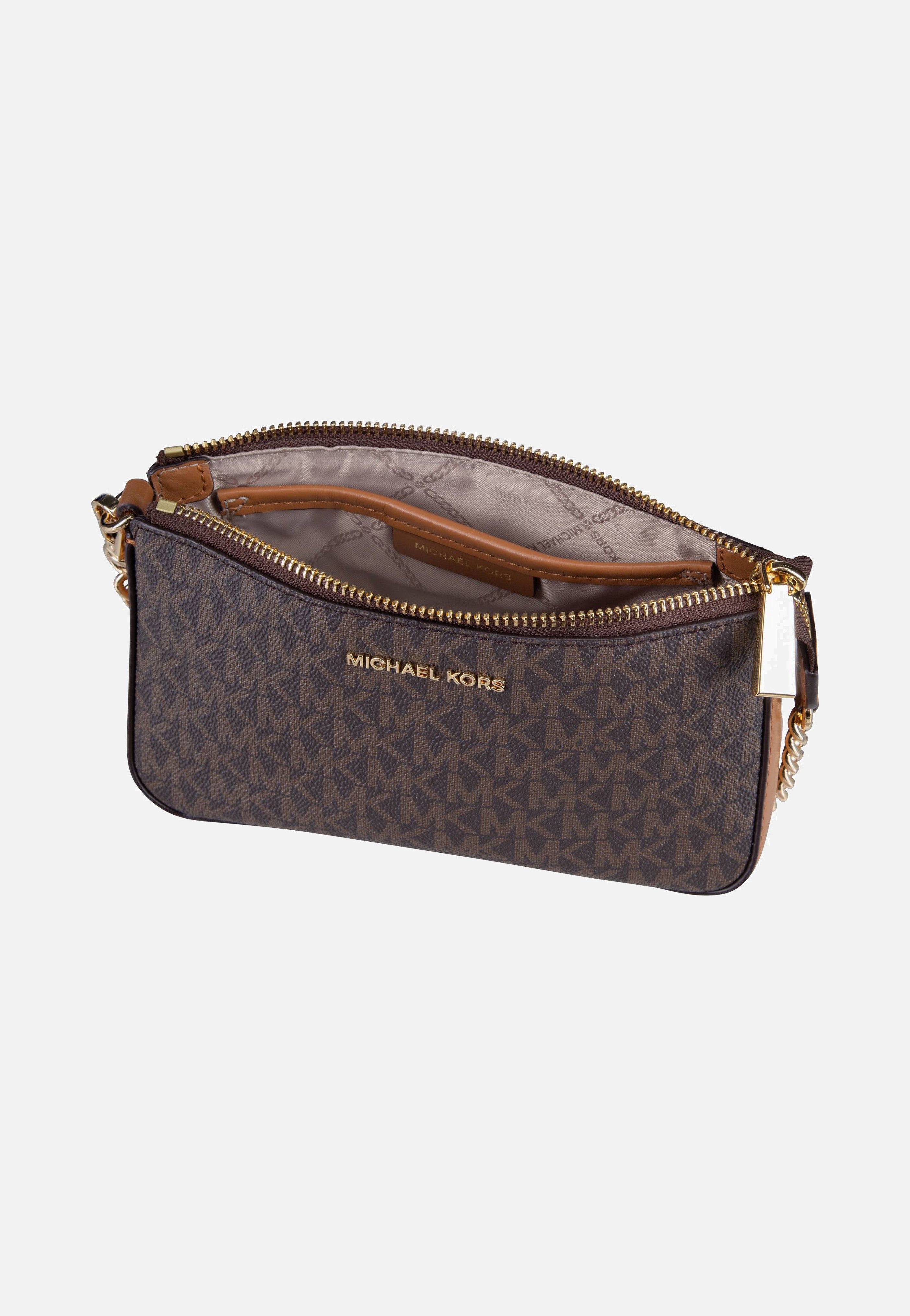 Michael Kors Jet Set Medium Chain Pouchette Lux MK Signature Brown Evening Bag