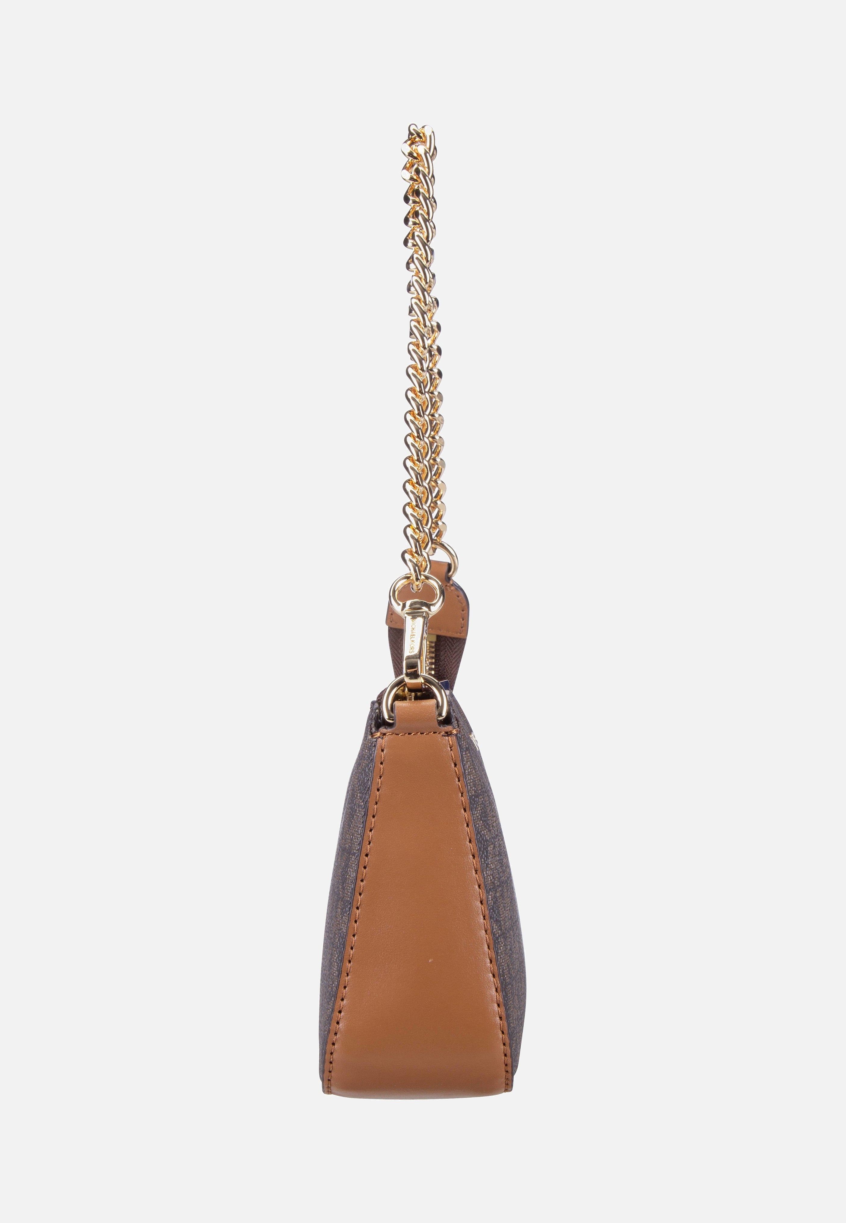 Michael Kors Jet Set Medium Chain Pouchette Lux MK Signature Brown Evening Bag